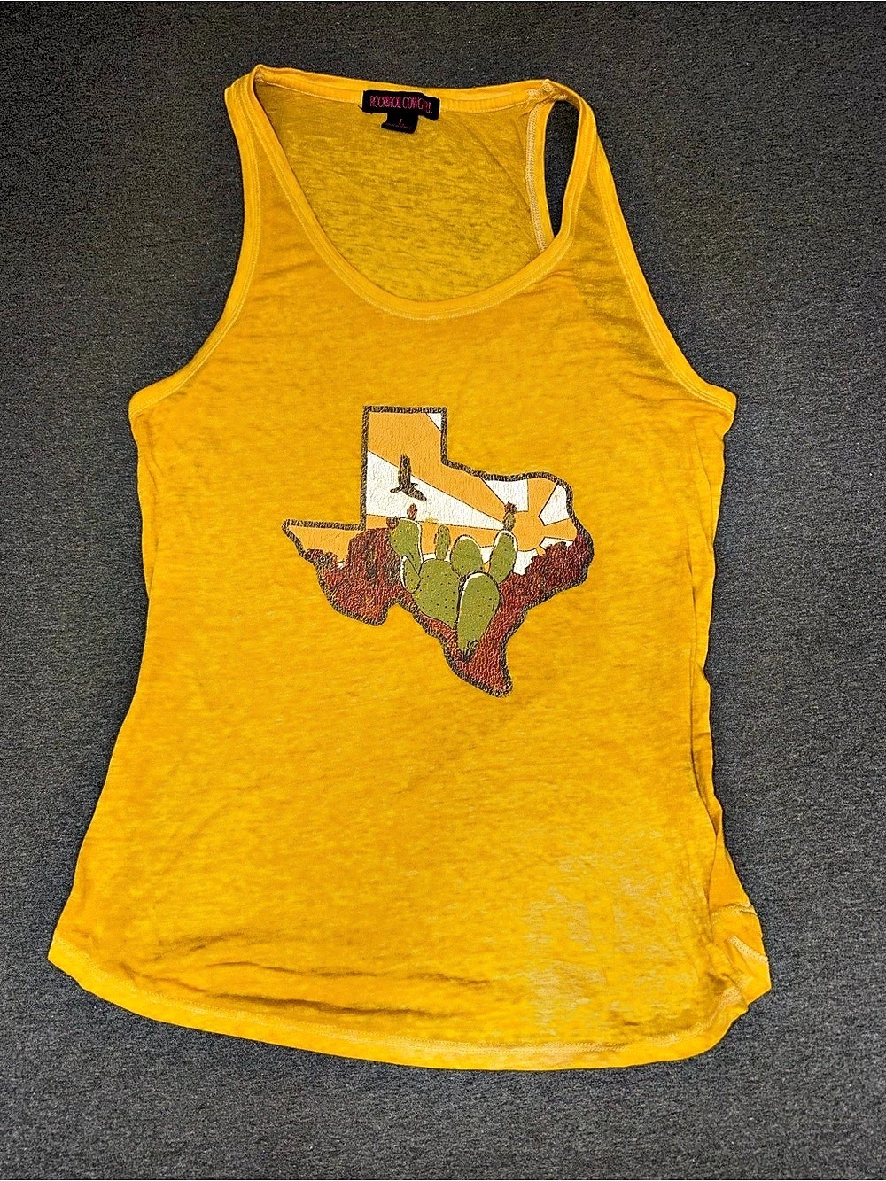 Rock & Roll Cowgirl Western Graphic Tank Top Yellow Large